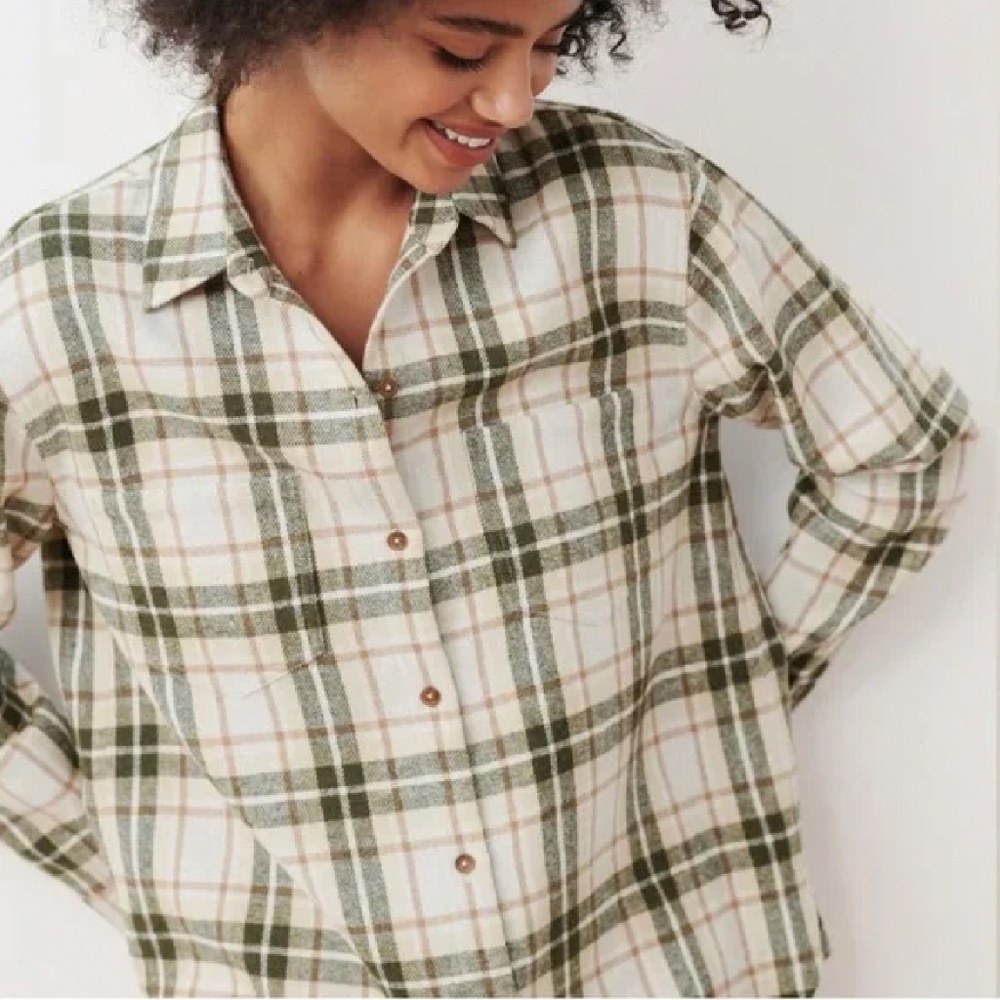 Jenni Kayne _ Oatmeal Plaid Flannel Shirt Wool Plaid Button Up Top Excellent